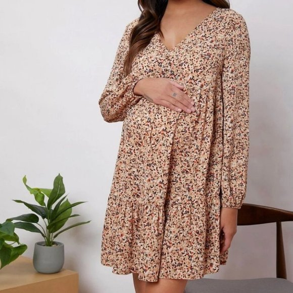 . Dresses & Skirts - Maternity Mini Floral Print long sleeved v-neckline Flounce Hem Dress